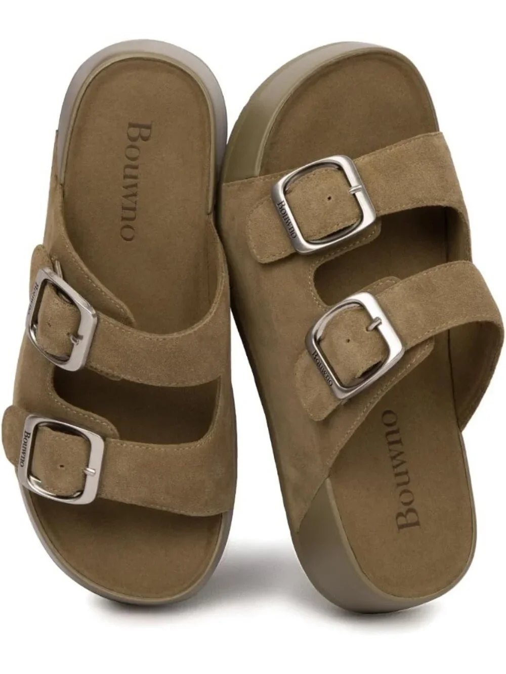 Women's Khaki Slide Buckle Genuine Leather Slip on Beach Platform Sandal Shoes